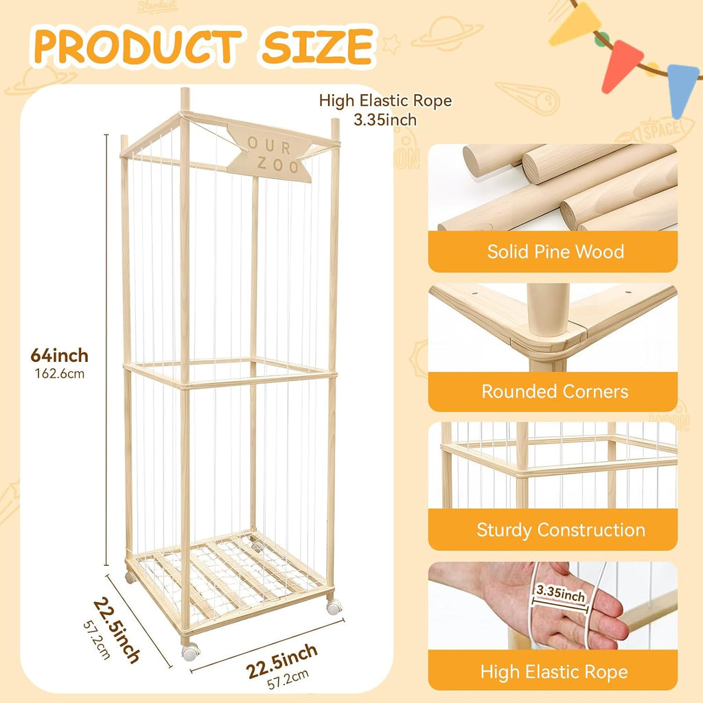 Stuffed Animal Storage Zoo with Wheels, Wooden Large Stuff Animals Plushies Holder, 22.5" D x 22.5" W x 64" H Toy Organizer Storage Cage with Elastic Band and Net for Nursery Playroom Bedroom