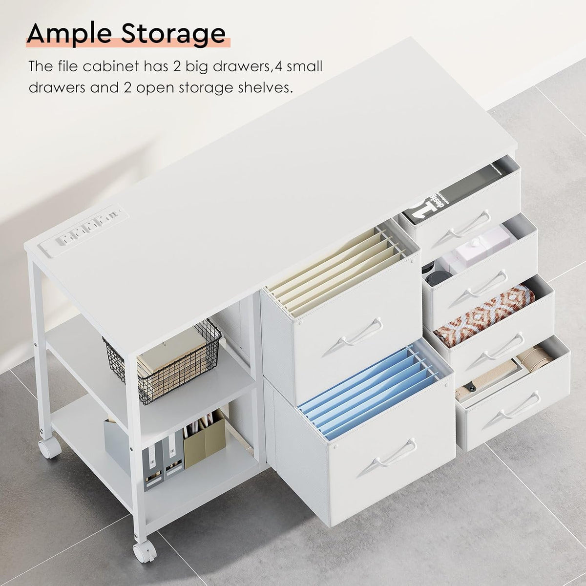 Maihail 6 Drawer File Cabinet with Charging Station and Open Storage Shelf, White