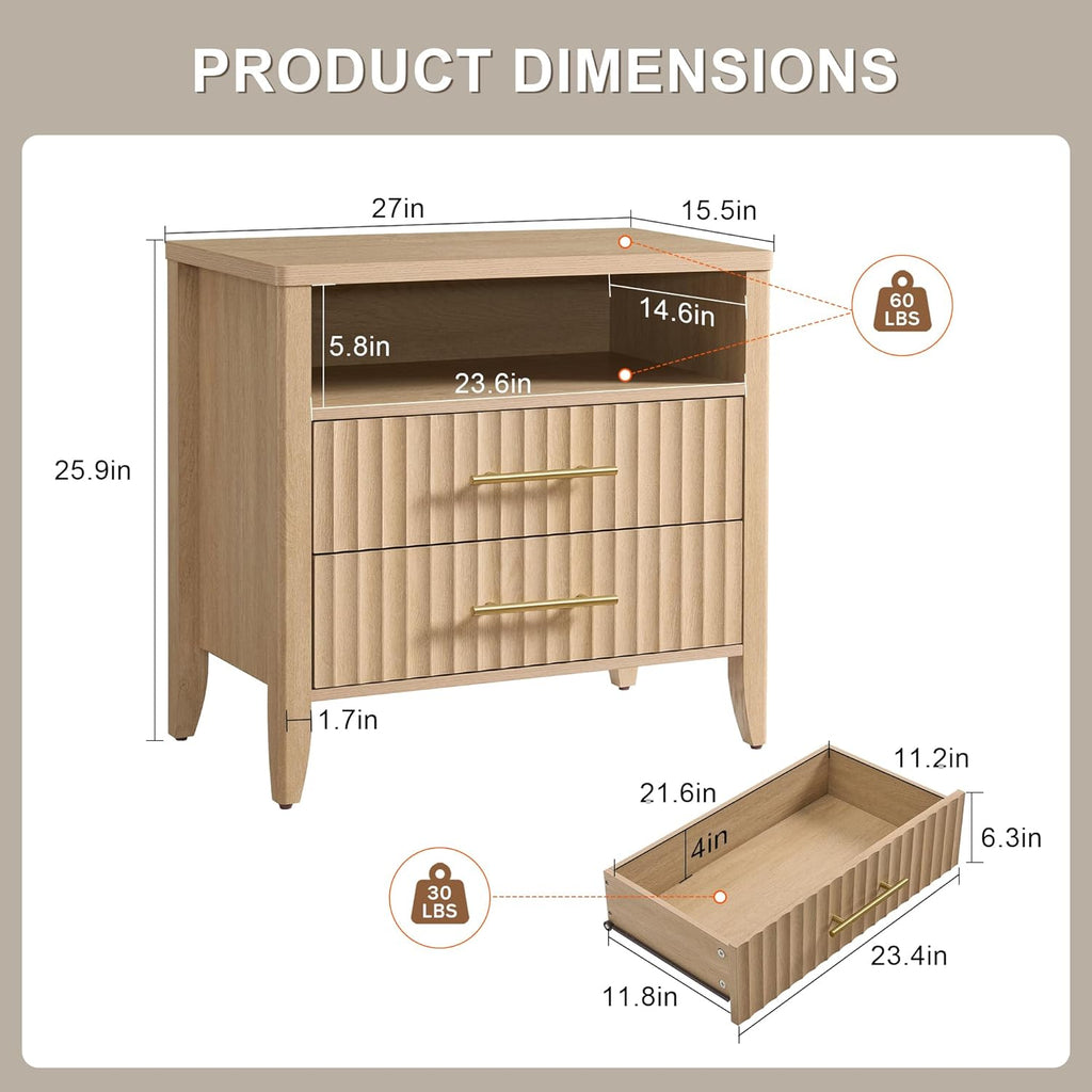 Fluted Nightstand with 2 Drawers, 27" Modern Nightstands Set of 2 with Storage, Large Queen Size Bed Side Table and End Table for Bedroom, Living Room, Office,(Natural Oak,2 Pieces)