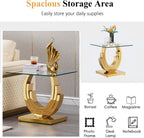 Modern End Table, Living Room End Table with Tempered Glass Top & Geometric Shape Stainless Steel Legs, Square End Table, Luxury Glass Sofa Side Table, Bedside Table, Small Accent Table, Gold