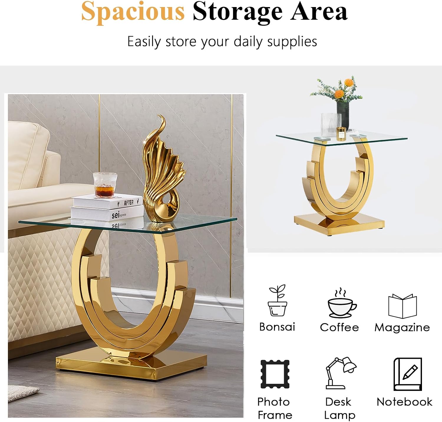 Modern End Table, Living Room End Table with Tempered Glass Top & Geometric Shape Stainless Steel Legs, Square End Table, Luxury Glass Sofa Side Table, Bedside Table, Small Accent Table, Gold