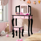 Costzon Kids Vanity Table and Chair Set, Girls Vanity Set with Mirror and Stool, Storage Drawer, Wooden Princess Makeup Dressing Table, Vanity Set for Little Girls