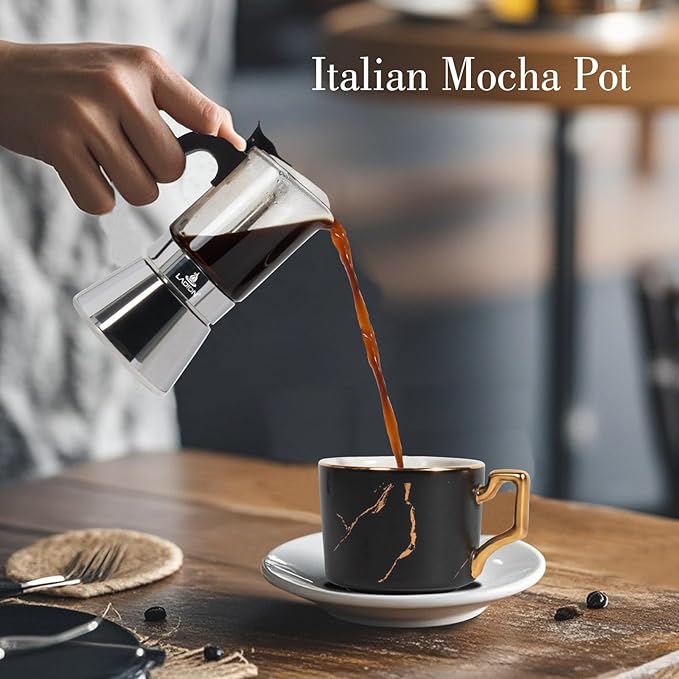 Stovetop Espresso Maker, 3Cup 160ml Moka Pot, Crystal Glass-top & Stainless Steel Coffee Maker Mocha Pot, Greca De Cafe, Cuban and Italian Coffee Maker for Cafetera Cubana