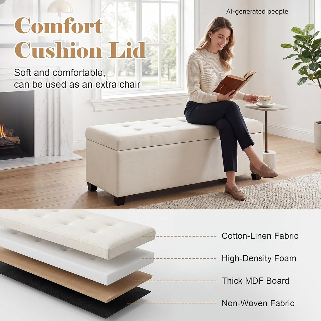 Asense 42" Storage Ottoman Bench, Large Linen Upholstered Rectangular Footstool with Safety Hinges, End of Bed Bench for Bedroom, Entryway Bench with Storage, Window Seat, Beige