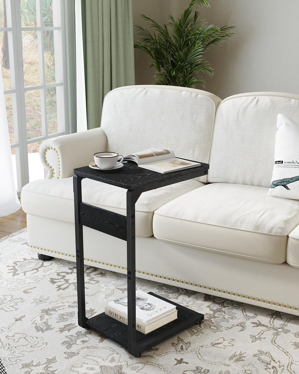 Wood Pedestal Small Sofa Side Table for Couch C Shaped End Table TV Trays Eating, Coffee Drink Dinner Food TV Tray Tables Slide Under Couch Night Stand Over Bedroom Bedside Living Room Black ET-YB-BK1