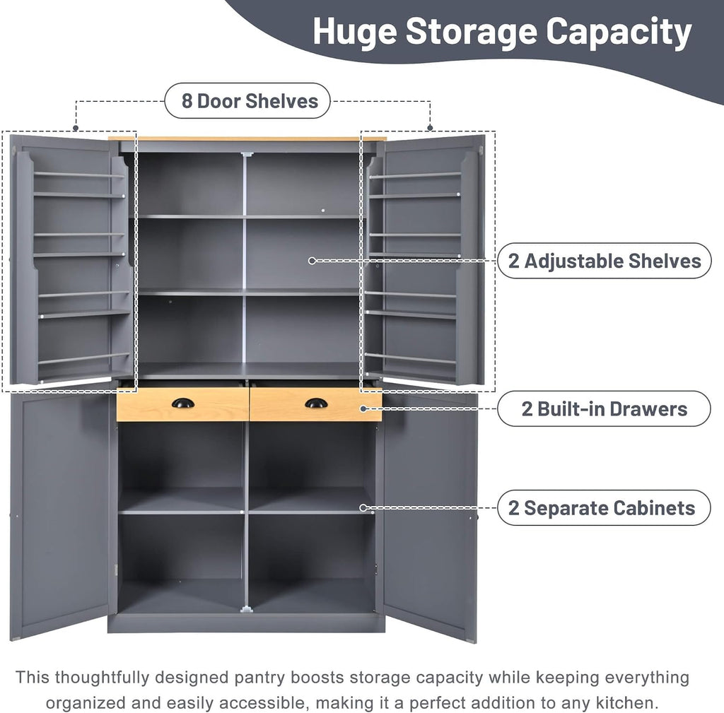 Litex 40.2" Wide Kitchen Pantry Cabinet, 71.3" Tall Freestanding Storage Cabinet with 2 Drawers, Adjustable Shelves & 8 Door Shelves, Large Farmhouse Kitchen Cupboard for Kitchen Dining Room (Gray)