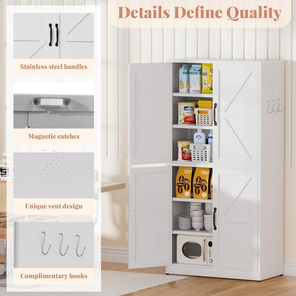 White Steel Kitchen Pantry Storage Cabinet with Barn Doors and Adjustable Shelves, Metal Farmhouse Cabinets for Living Room, Bathroom, Heavy Duty Rustic Pantry