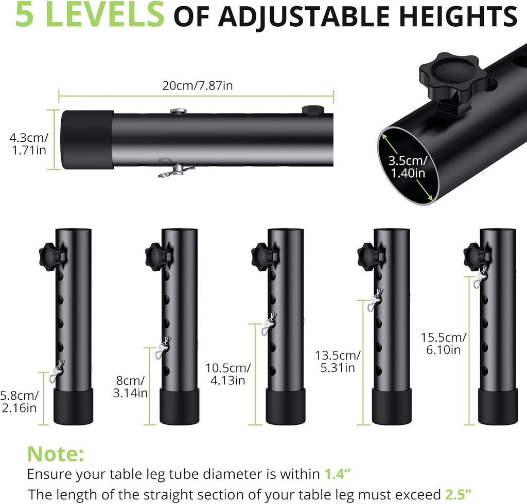4Pack Folding Table Leg Extenders, 5 Levels Adjustable Height Rise Up to 6.1” Heavy Duty Steel Table Risers for Straight and Bent Legs Under 1.4" Diameters, Black