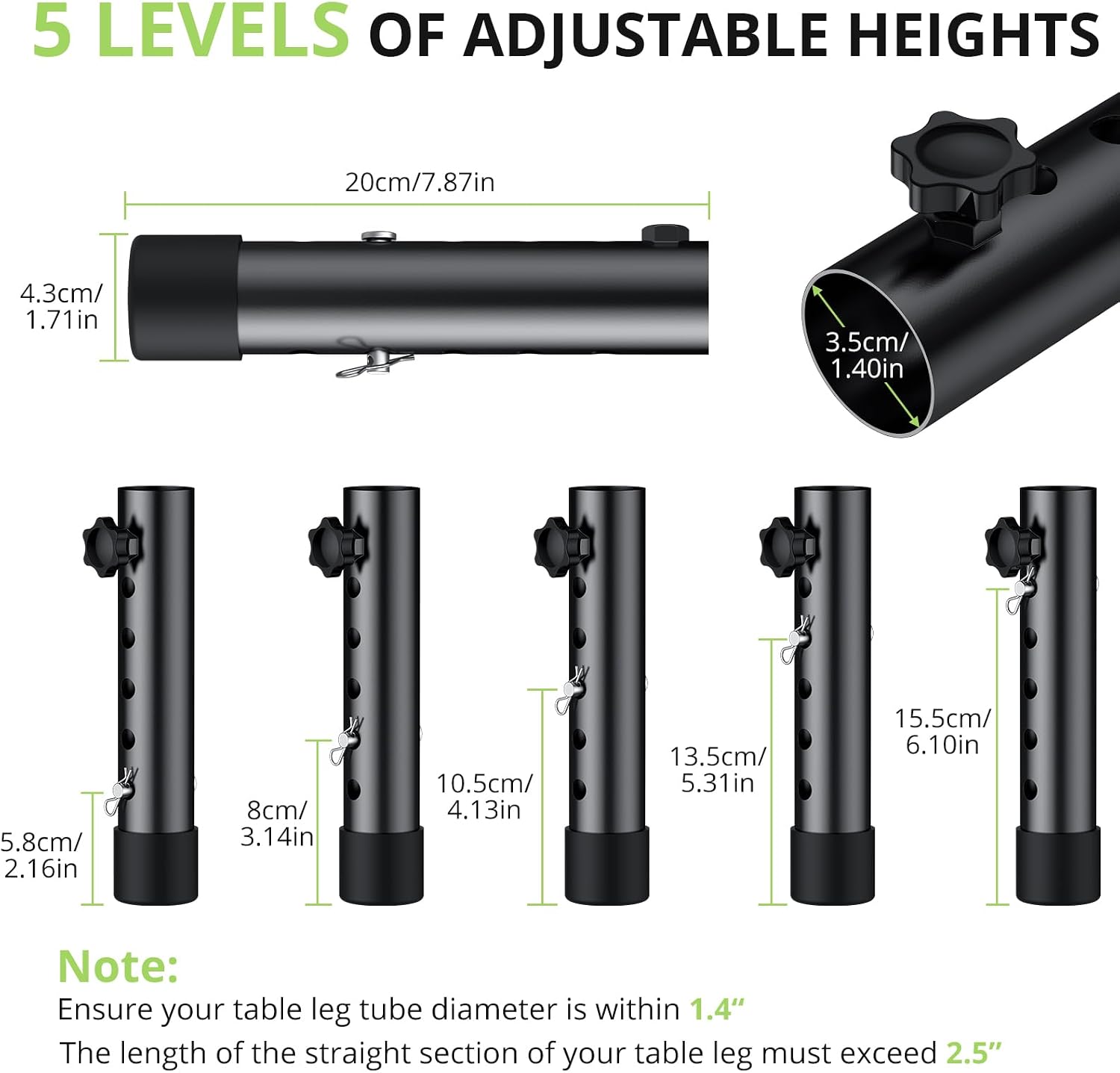 4Pack Folding Table Leg Extenders, 5 Levels Adjustable Height Rise Up to 6.1” Heavy Duty Steel Table Risers for Straight and Bent Legs Under 1.4" Diameters, Black