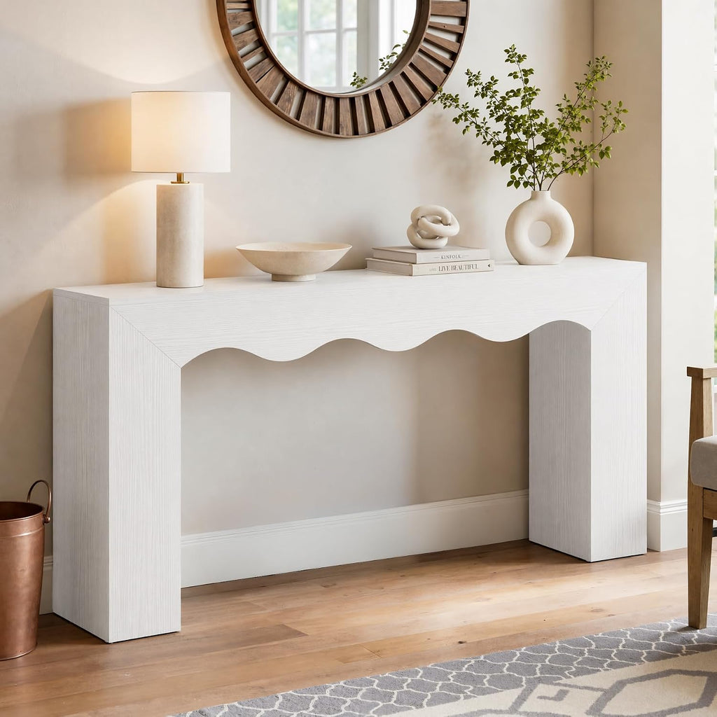 Tribesigns 63" Farmhouse Console Table with Wavy Edge | Wooden Couch Table Behind Sofa with Storage; Long Entryway Sofa Station; Narrow Hallway Stand for Entryway, Living Room