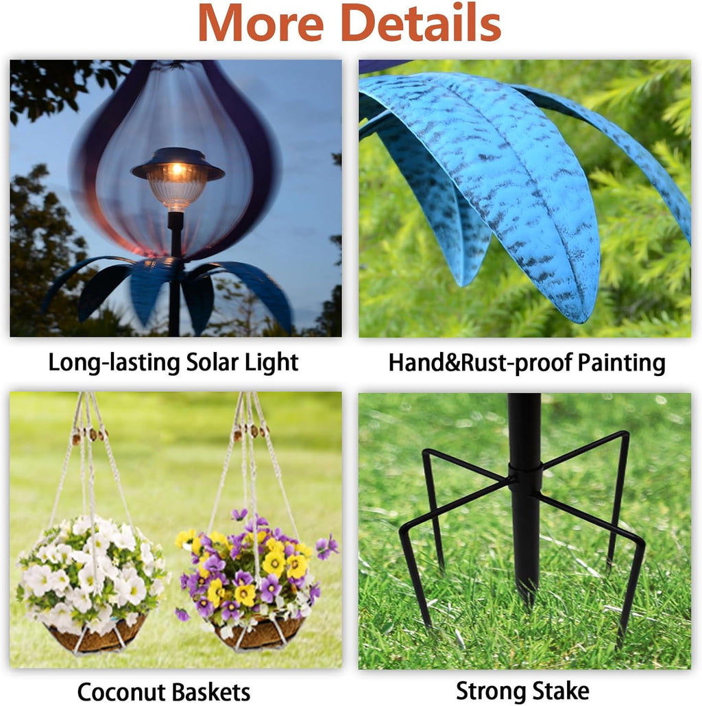 Multifunction Solar Wind Spinner Outdoor with Shepherd Hooks MANORTANG 83 Inch Metal Large Landscape Light Double Coconut Basket LED Windmill Outdoor Decoration for Yard Garden Lawn Patios (Purple)