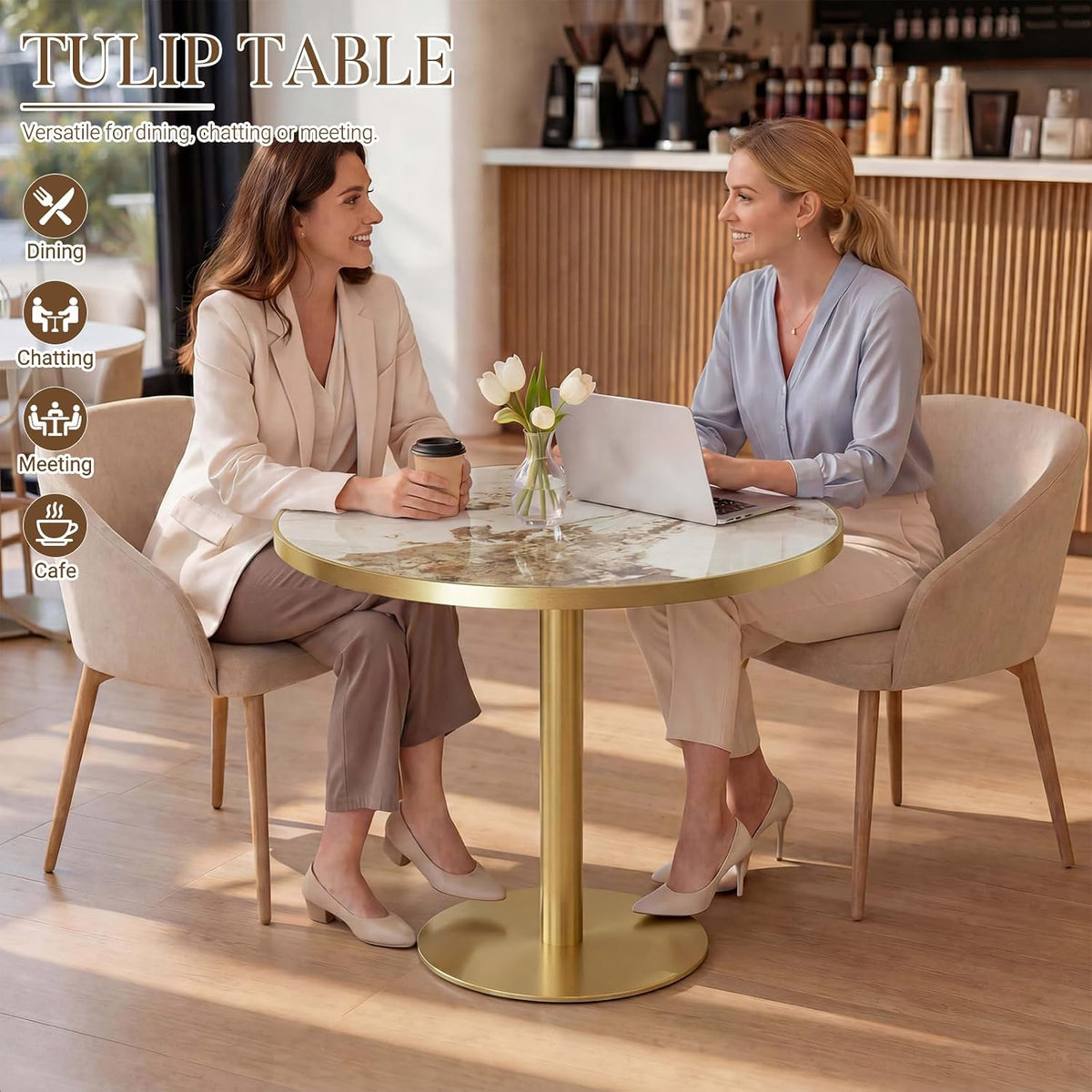 31.5" Tulip Table with Sintered Stone Tabletop and Golden Metal Pedestal, Small Round Dining Table for 2-4 Person, Modern Bistro Table for Kitchen, Small Spaces, Living Room, Cafe (Glossy Pandora)
