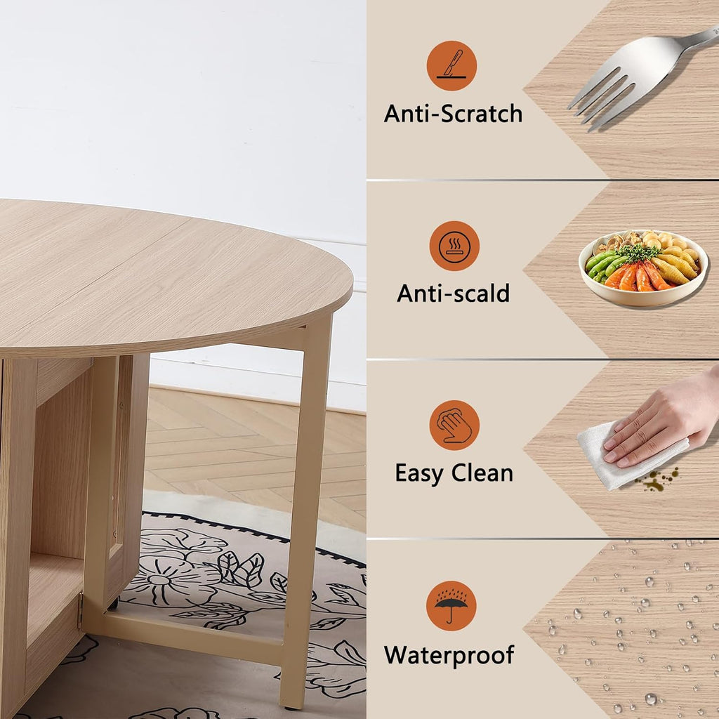 COMUHOME Wood Round Folding Dining Table with 4 Chairs, 47.3" Folding Table and Chairs with Storage Shelf Metal Legs for Home Dining Room Living Room, Space Saving Foldable Dining Table with 4 Chairs
