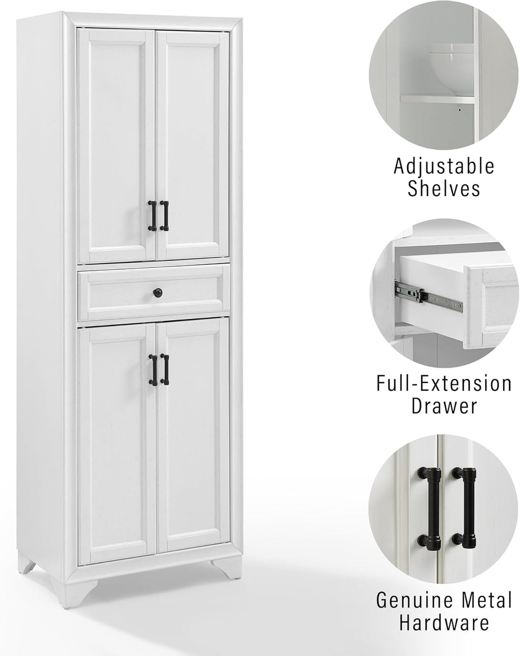 Crosley Furniture Tara Pantry Storage Cabinet with Shelves, Kitchen, Dining, or Laundry Room, Distressed White