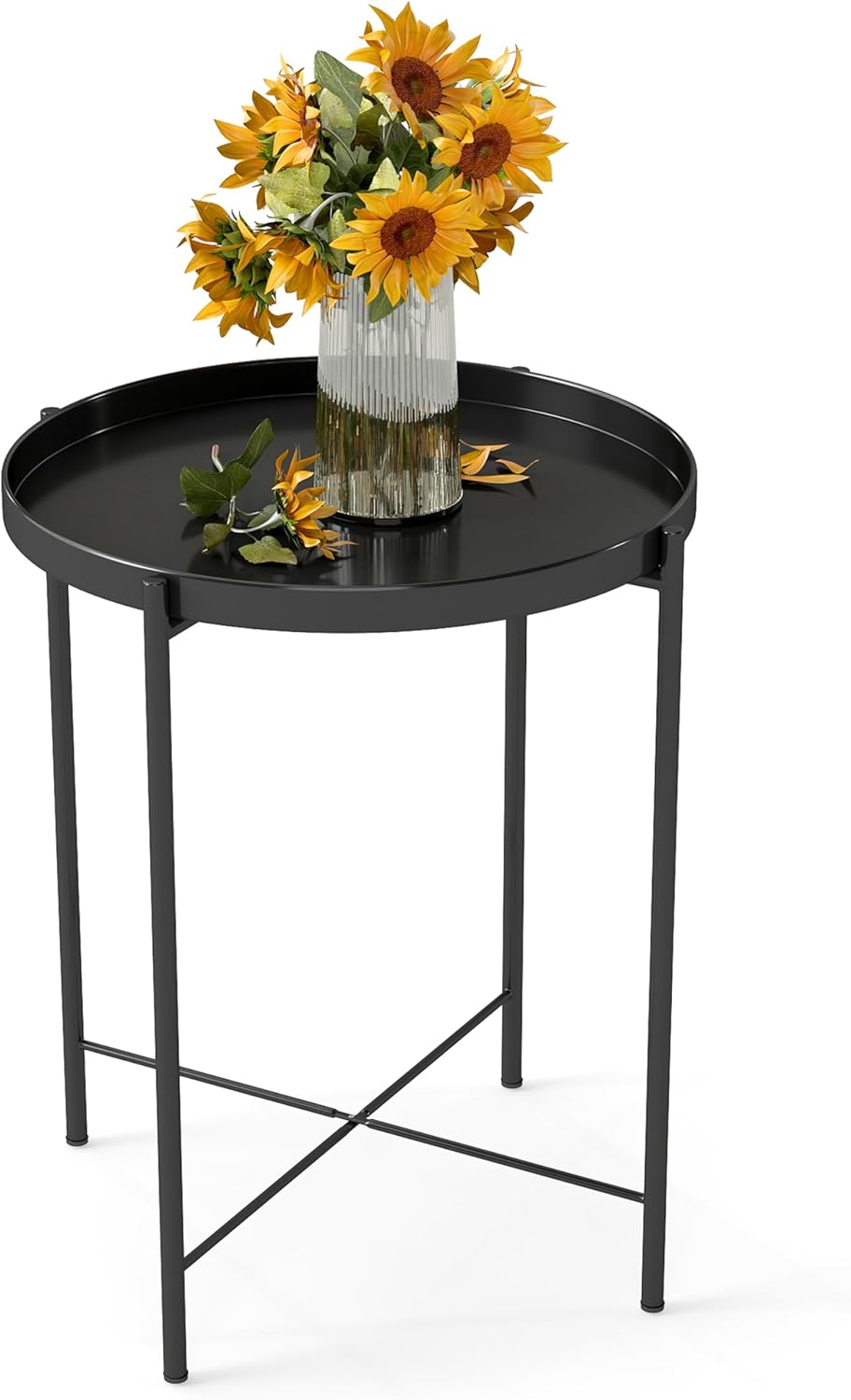 DDK 17" Round Metal Side Table with Removable Tray Top, Black Accent Table with X-Brace Frame, Indoor Outdoor End Table for Living Room Bedroom Patio Balcony