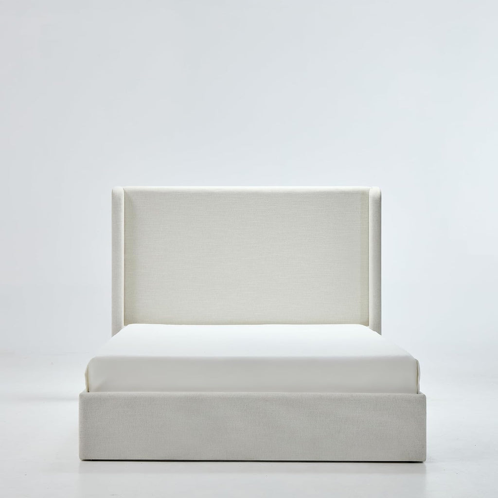Upholstered Bed Frame Queen Size, 54" High Headboard Platform Beds Caron Tall Wingback Bed Frames, Box Spring Request/No Noise/Simplicity Minimalist, Textured Ivory Canvas Chenille