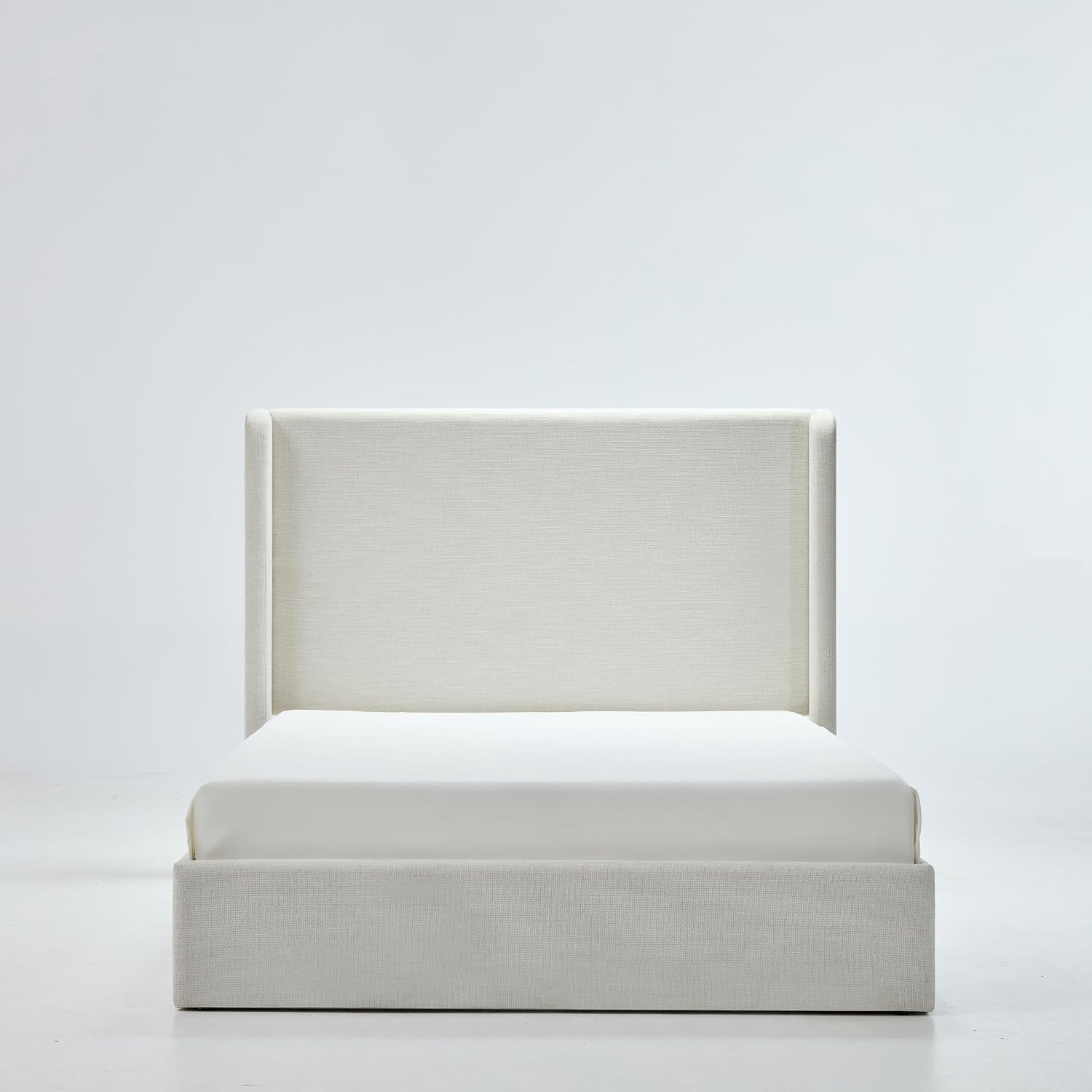 Upholstered Bed Frame Queen Size, 54" High Headboard Platform Beds Caron Tall Wingback Bed Frames, Box Spring Request/No Noise/Simplicity Minimalist, Textured Ivory Canvas Chenille