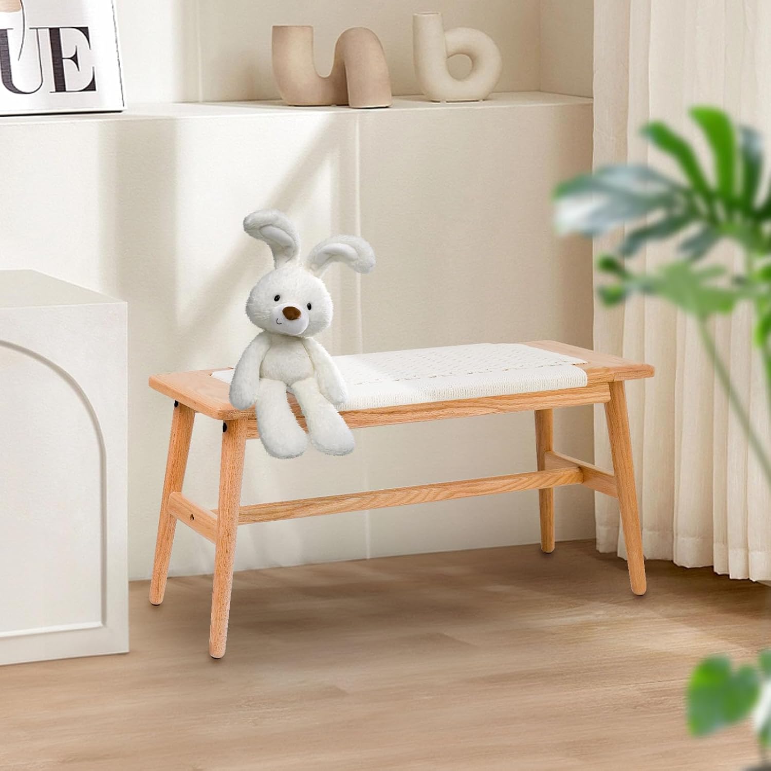 Solid Wood Entryway Bench, 43.31" Wooden Dining Bench, End of Bed Benches w/Hand-Woven Rope Seat for Bedroom, Kitchen Dining Room, Living Room, Entry Décor (White Rope)
