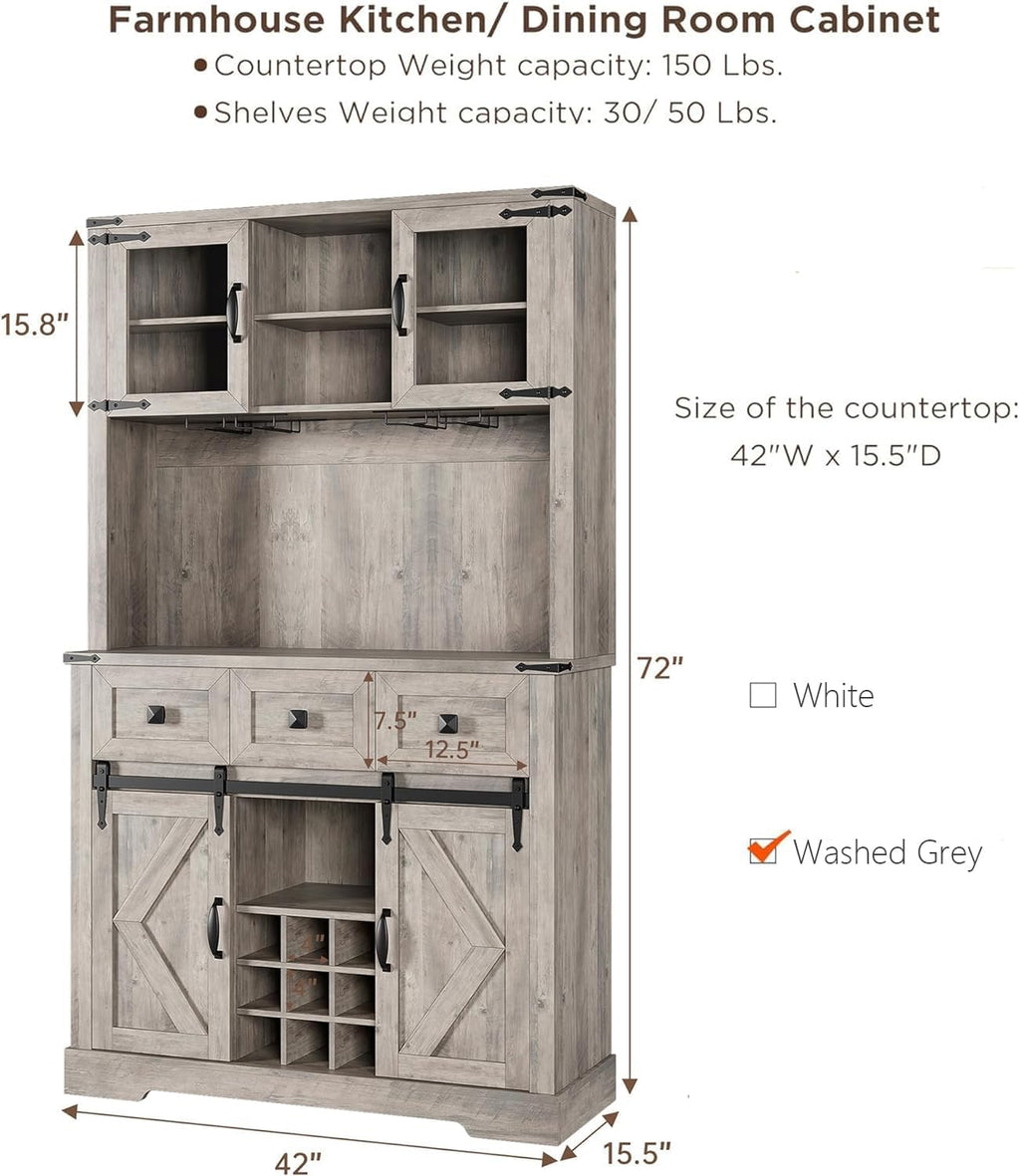 72" Kitchen Pantry Storage Cabinet with Hutch and Sliding Barn Door, Farmhouse Tall Buffet Cabinet with Drawers, Large Coffee Bar with Wine & Glasses Rack, for Home Living Room, Grey