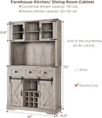 72" Kitchen Pantry Storage Cabinet with Hutch and Sliding Barn Door, Farmhouse Tall Buffet Cabinet with Drawers, Large Coffee Bar with Wine & Glasses Rack, for Home Living Room, Grey