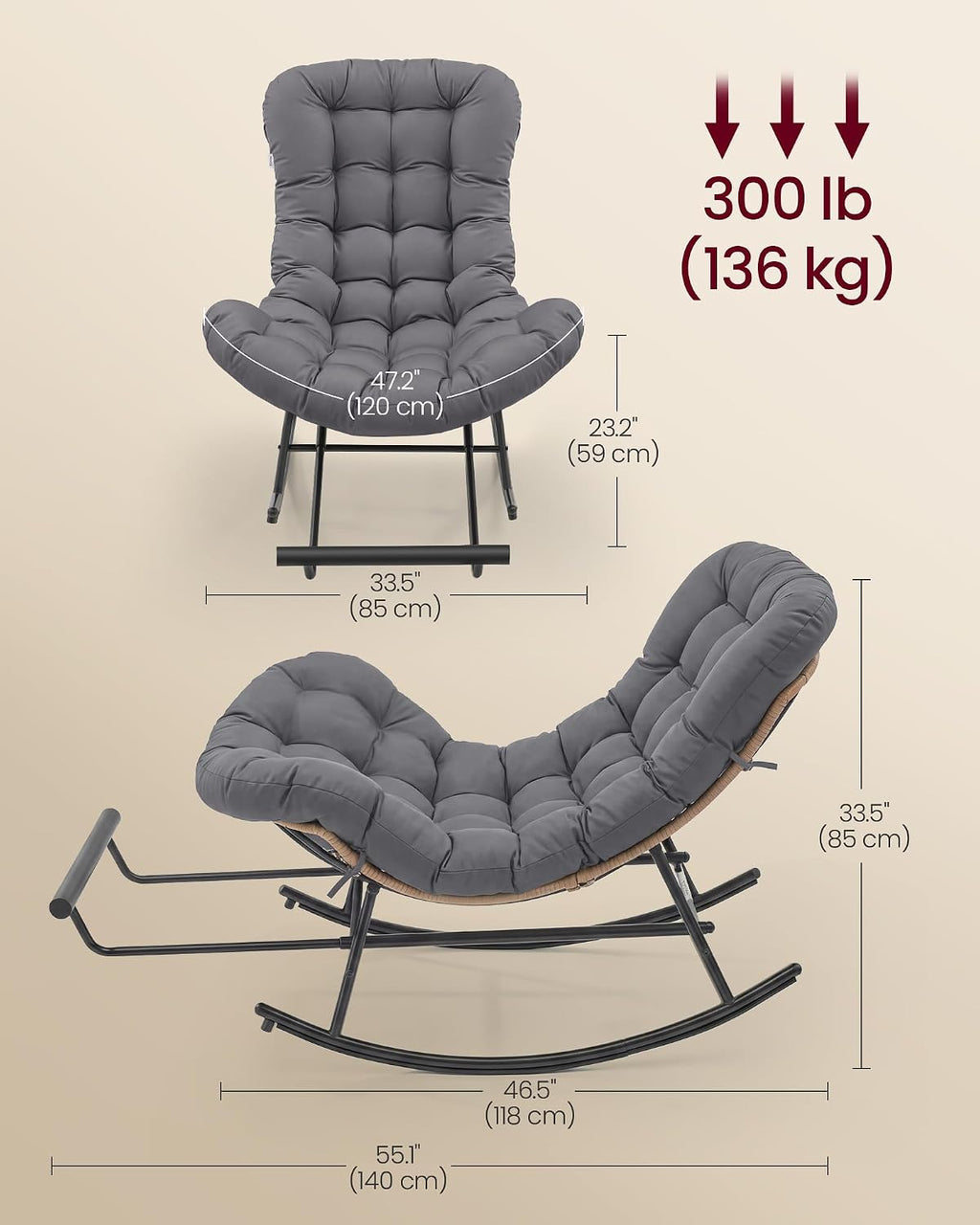 VASAGLE Papasan Chair, Outdoor Rocking Chair, Outdoor Furniture, Steel Frame, Extendable Footrest, Removable Cushion, Holds 300 lb, for Bedroom, Living Room, Patio, Garden, Gray ULYY062GZ01
