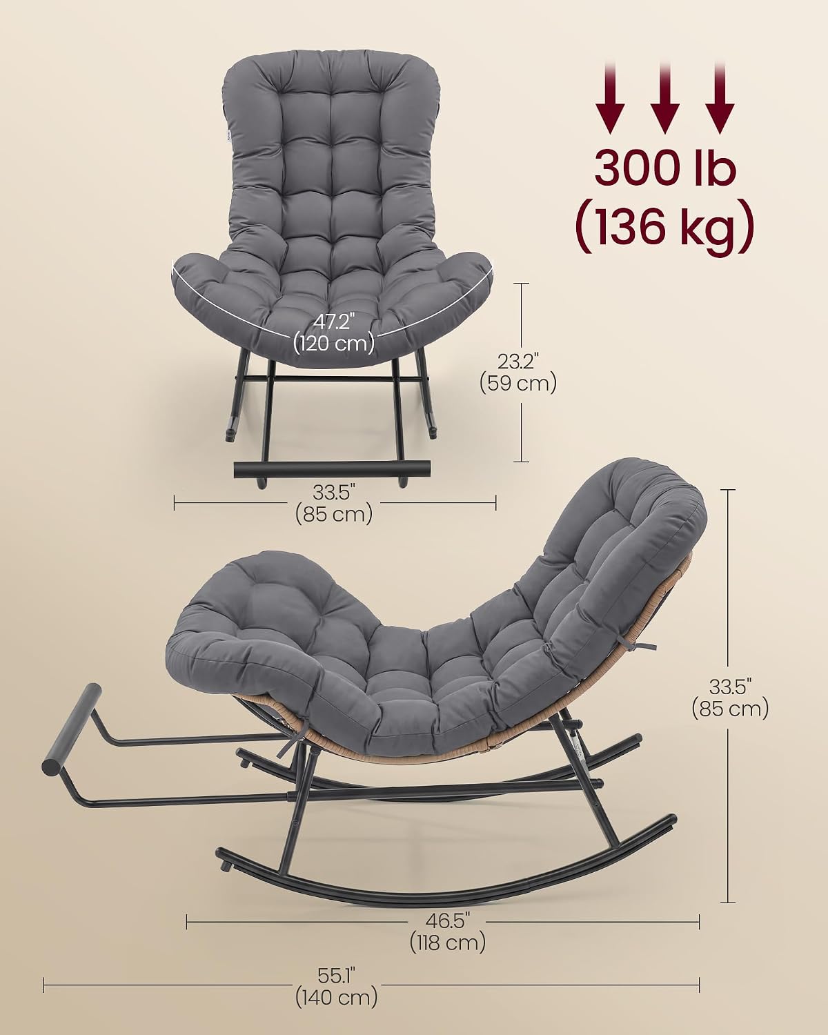 VASAGLE Papasan Chair, Outdoor Rocking Chair, Outdoor Furniture, Steel Frame, Extendable Footrest, Removable Cushion, Holds 300 lb, for Bedroom, Living Room, Patio, Garden, Gray ULYY062GZ01