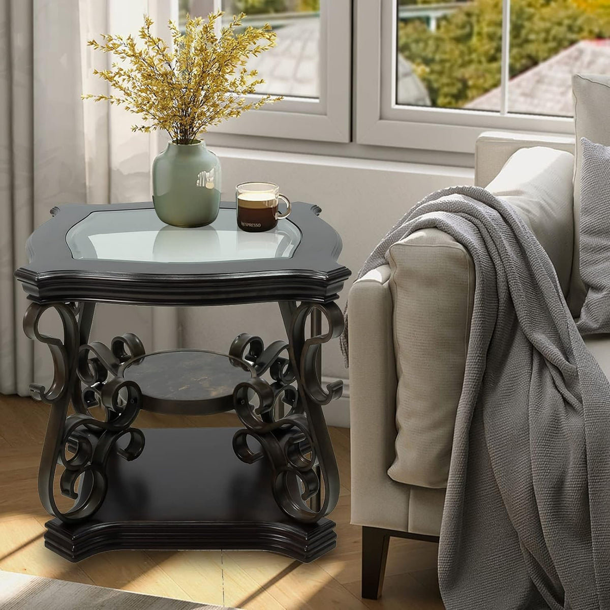 Henf 3 Piece Living Room Table Set, Retro Brown Coffee Table with 2 End Table, Coffee Table Set with Glass Top and Metal Frame for Home Office