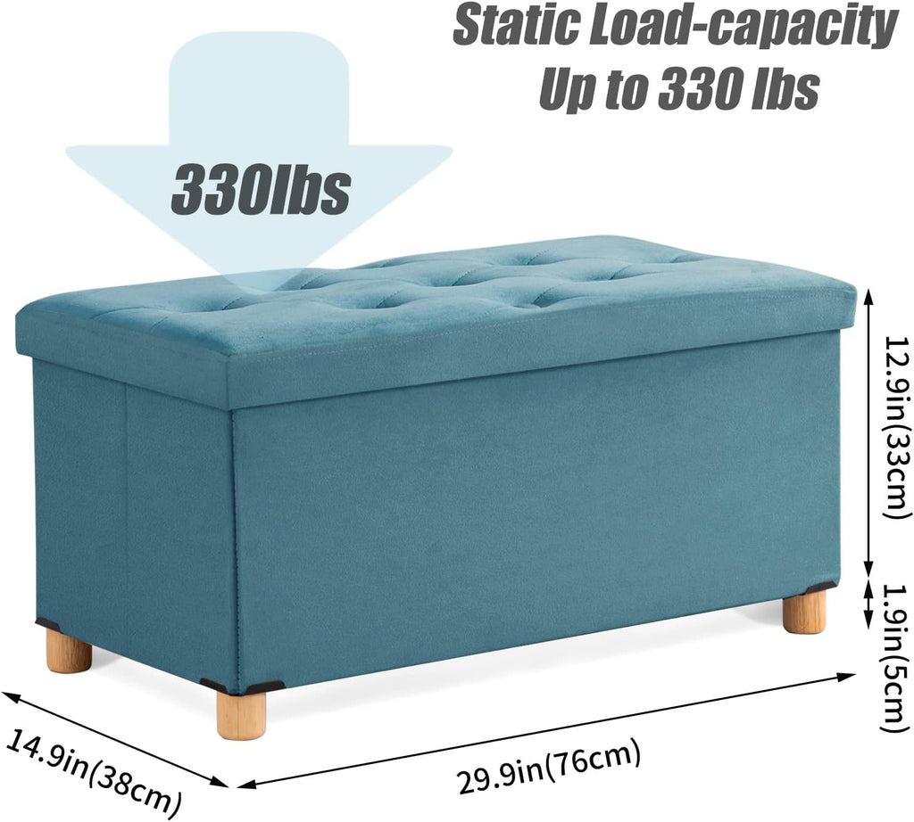 BRIAN & DANY 30 Inches Folding Storage Ottoman Bench, Ottoman with Storage for Living Room, with Wooden Feet and Lid, Teal