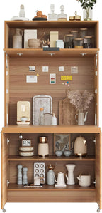Farmhouse Pantry Cabinet with Foldable Workstation, 69" Tall Buffet with Hutch and Storage, Multifunctional Kitchen Cabinet with Adjustable Shelf and Power Outlet for Dining Room (Natural)