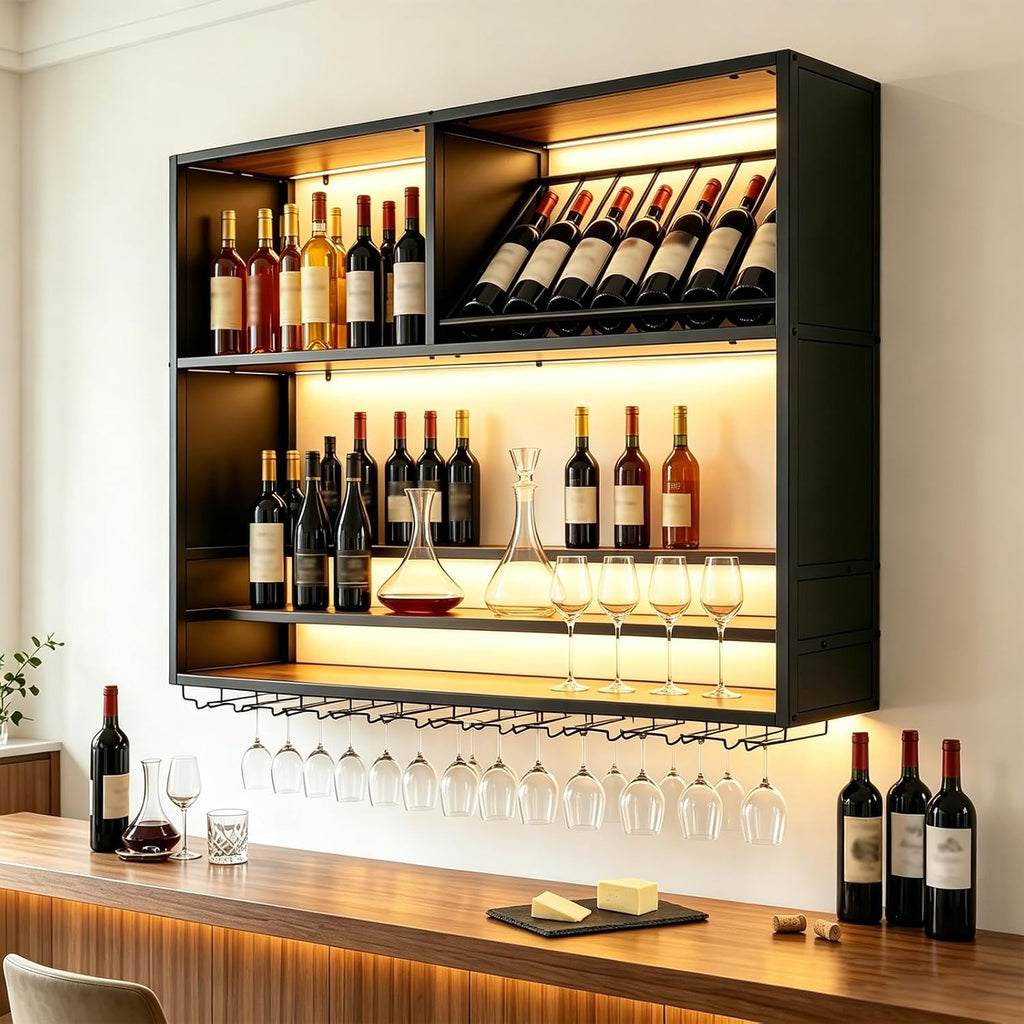 55in Large Wall Mounted Wine Rack with LED Light, 4 Tier Iron Liquor Bottle Display Storage, Modern Wood Floating Bar Shelf with Wine Glass Holder, for Home Bar, Kitchen, Cafe Liquor Shelves