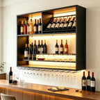 55in Large Wall Mounted Wine Rack with LED Light, 4 Tier Iron Liquor Bottle Display Storage, Modern Wood Floating Bar Shelf with Wine Glass Holder, for Home Bar, Kitchen, Cafe Liquor Shelves