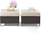 Joyside Patio Ottoman Set of 2, All Weather Outdoor Rattan Ottomans Patio Footstools with Removable Cushions for Garden Backyard Porch (Beige)