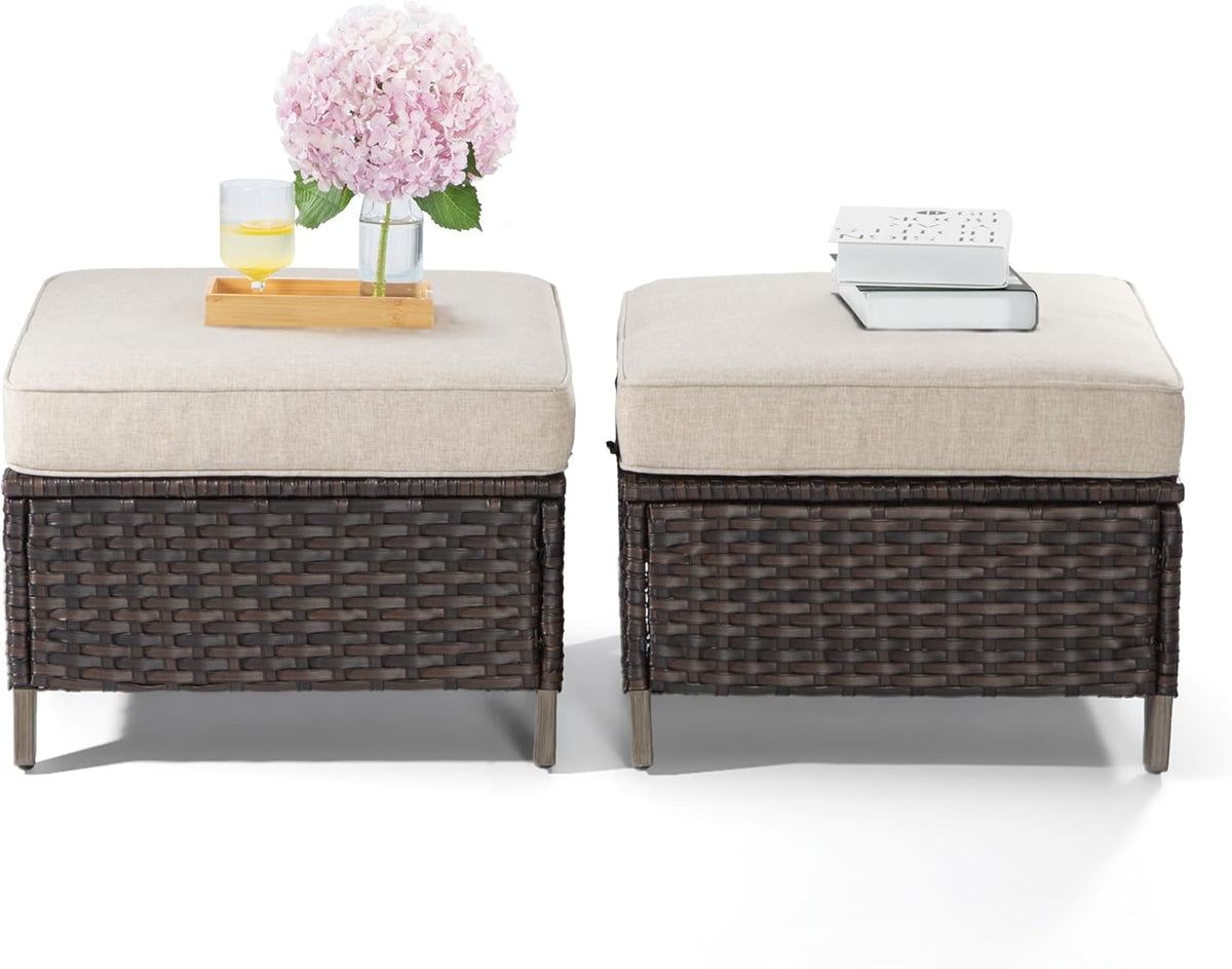 Joyside Patio Ottoman Set of 2, All Weather Outdoor Rattan Ottomans Patio Footstools with Removable Cushions for Garden Backyard Porch (Beige)