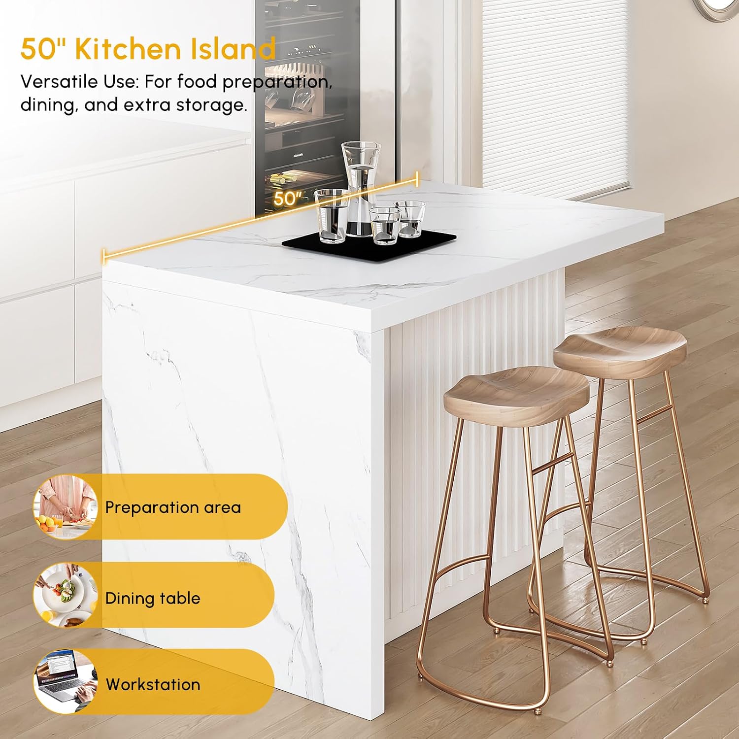 homary Kitchen Island with Storage & Wine Rack, 50" Modern White Kitchen Cabinet with Wood Top, Large Fixed Island with 3 Drawers & 6 Adjustable Shelves