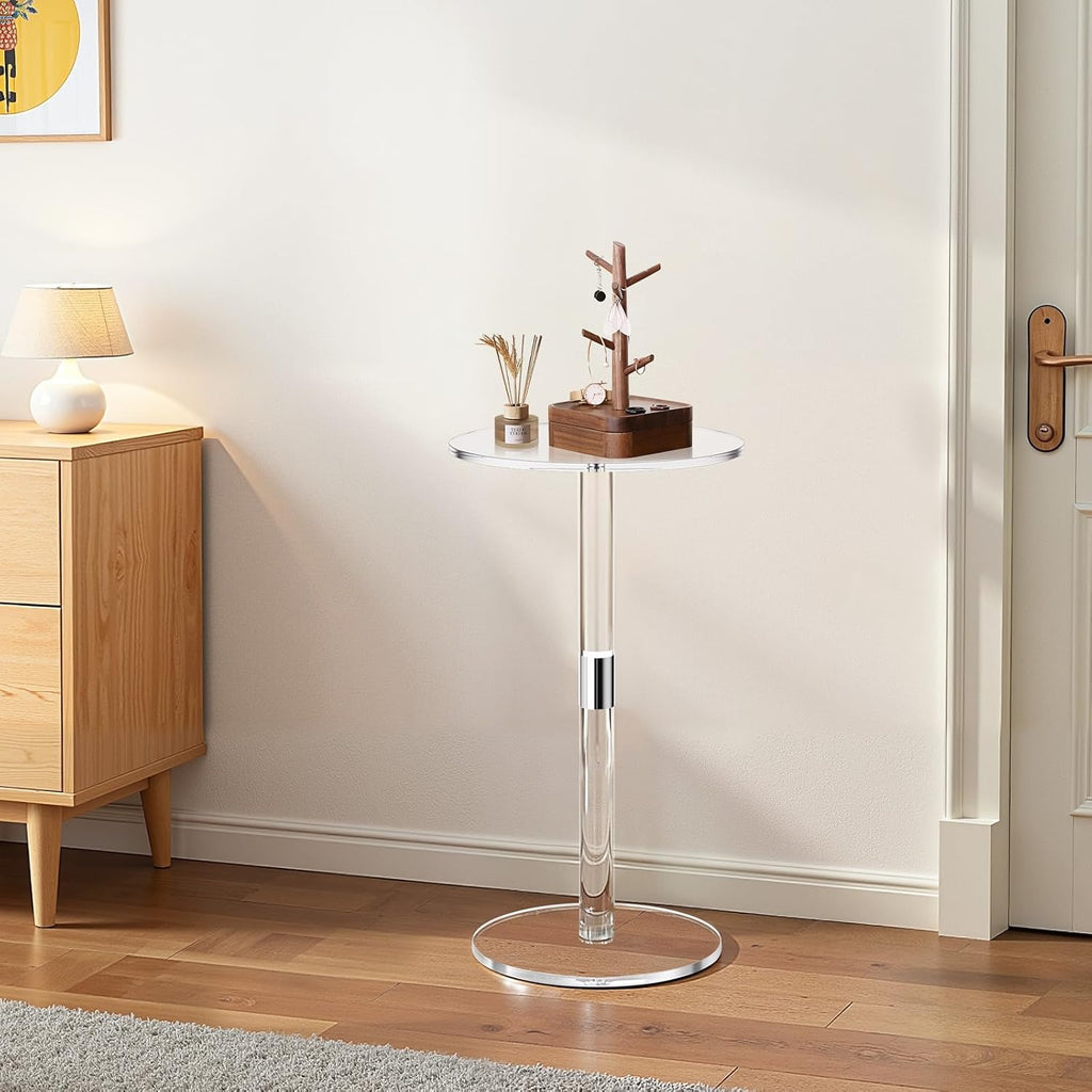 VEVOR Acrylic Drink Table, Small Round Side Table with Solid Post, Modern Clear End Table Transparent Cake Desk for Coffee, Cocktail, Dessert, Snack, Living Room, Bedroom, Bathroom, Easy Assembly