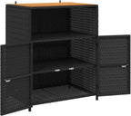 Outdoor Storage Cabinet with Acacia Wood Top, Black Poly Rattan Sideboard with 3 Shelves, Weather-Resistant Garden Organizer for Patio, Backyard, and Indoor Use 27.5 x 20 x 34 Inches