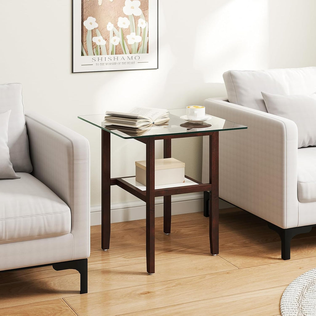 Giantex Glass End Table Set of 2, 24" Square Side Tables with Storage Shelf & Rubber Wood Frame, Small Coffee Table for Living Room, Mid Century Modern Nightstands for Bedroom