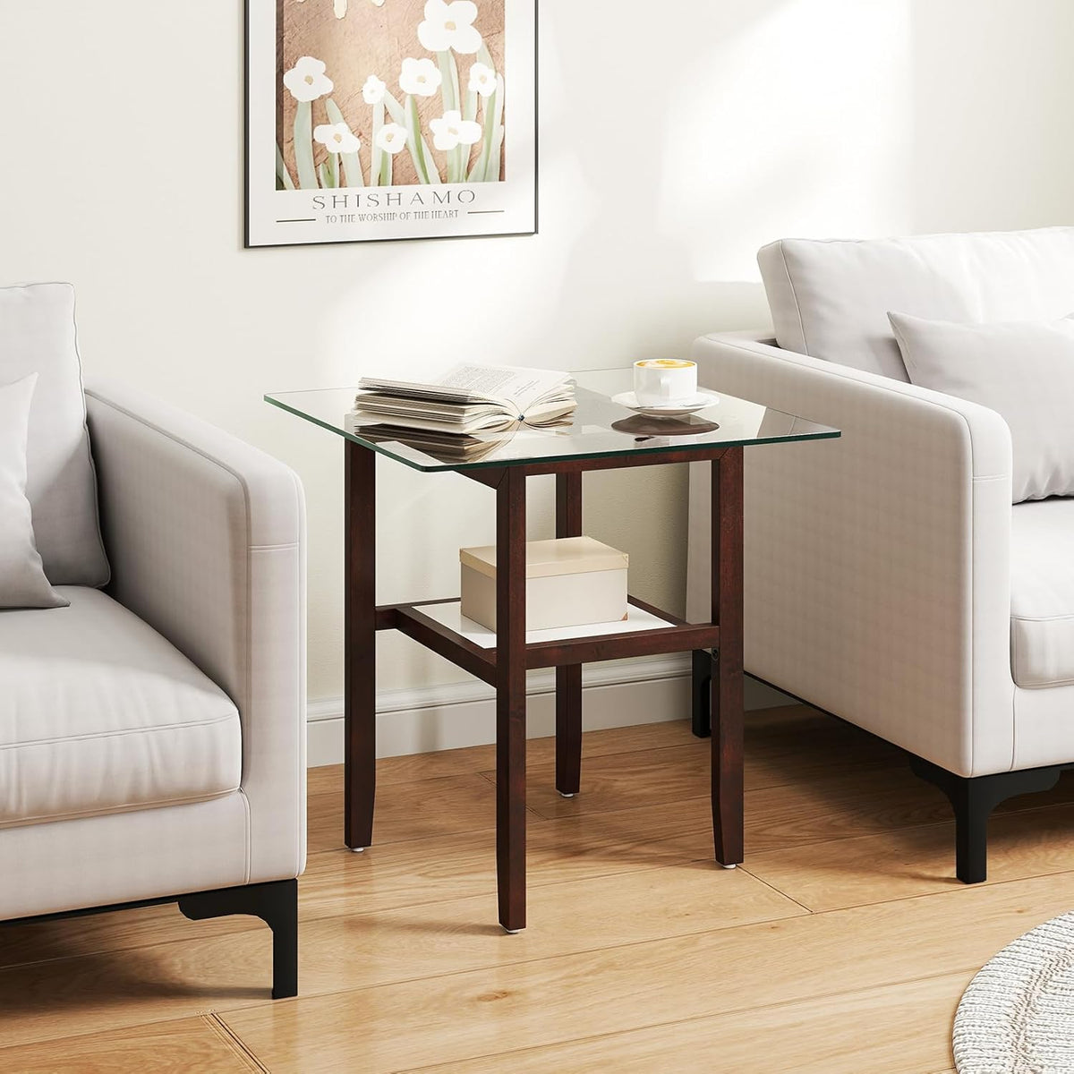 Giantex Glass End Table Set of 2, 24" Square Side Tables with Storage Shelf & Rubber Wood Frame, Small Coffee Table for Living Room, Mid Century Modern Nightstands for Bedroom