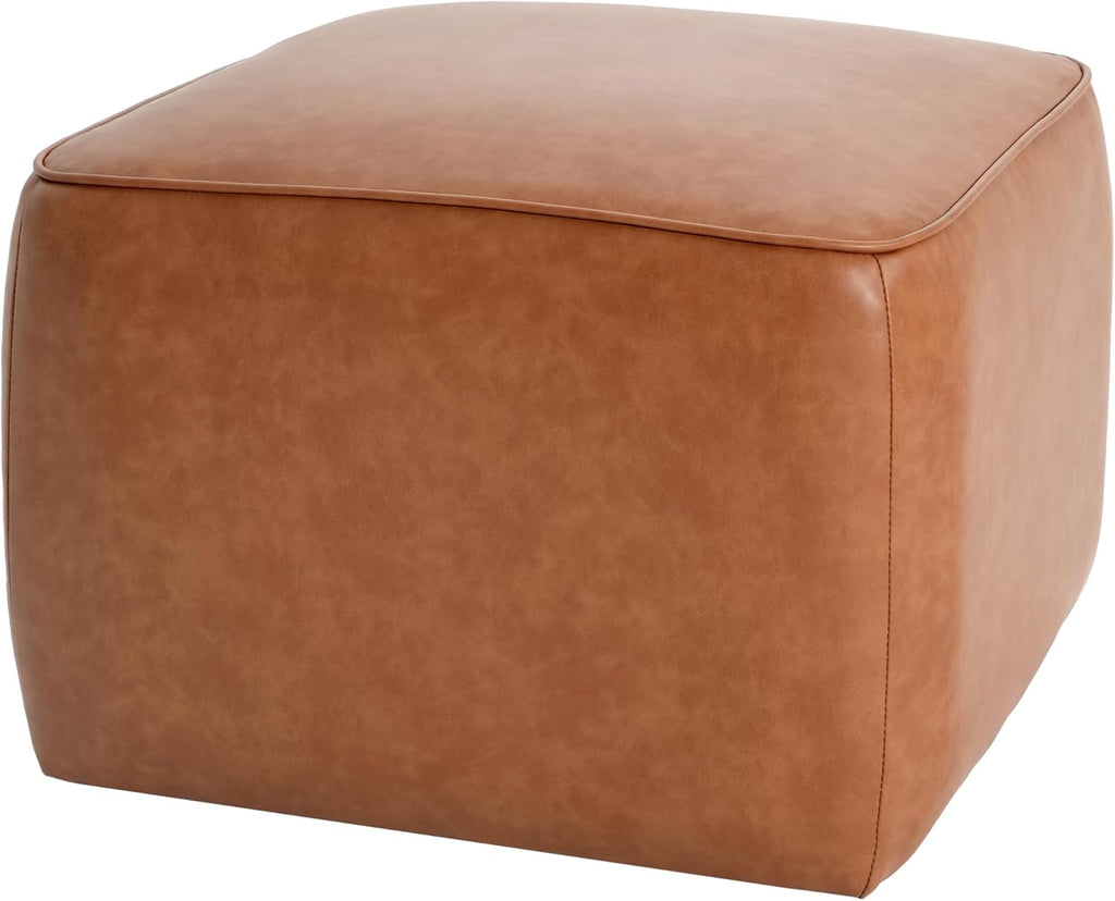 Christopher Knight Home Ellis Faux Leather Pouf Ottoman Foot Rest, Square PU Pouffe Ottoman Footstool, Living Room Sofa Couch Extra Seat, Modern Coffee Table for Home Office Bedroom, Tan Brown