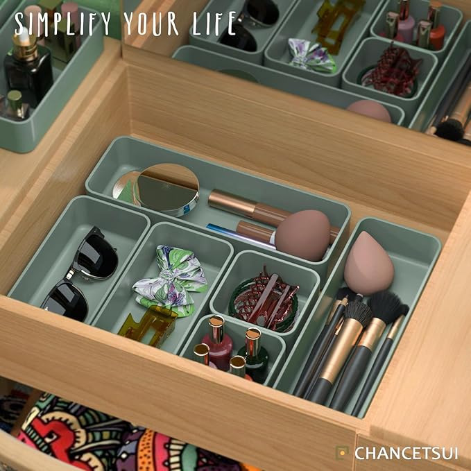 CHANCETSUI 6 PCS Stackable Drawer Organizers Set, Versatile Desk and Vanity Drawer Organizer Trays, Storage Bins for Makeup, Bathroom, Bedroom, Kitchen and Office, Green