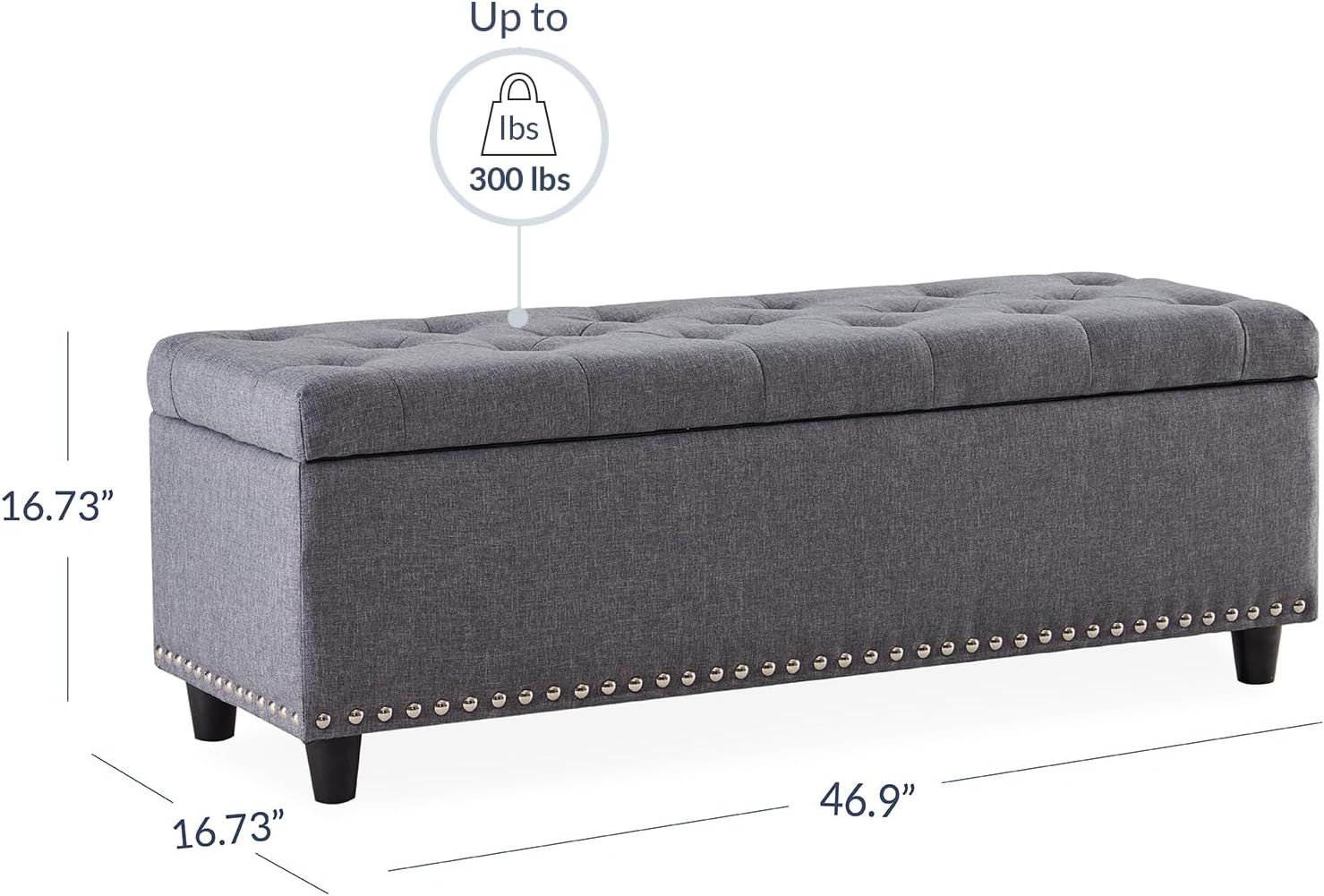 BELLEZE Storage Ottoman, Tufted Ottoman with Close Hinge, Foot Rest for Living Room (Gray, 47 inch)