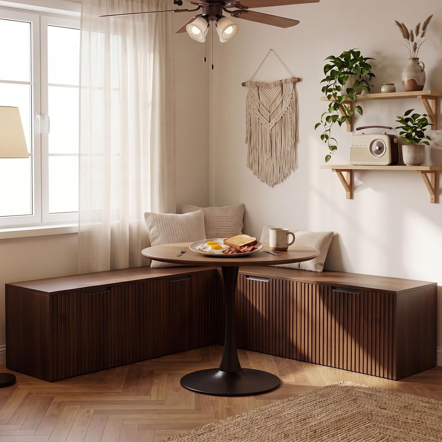 ZZW L Shaped Storage Bench, Modular Corner Dining Bench Seating, 63" Breakfast Nook Bench w/Hidden Storage, Safety Soft-Close Hinges, Dining Room, Kitchen, Living Room, Entryway Color Walnut