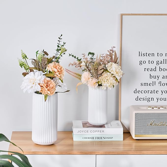 White Ceramic Flower Vase for Pampas Grass, 10 inch Large Decorative Centerpiece Ribbed Vase for Dining Table, Office Desktop, Shelf Bookshelf, Mantel, Entryway, Bathroom, Countertop, Farmhouse, Gift