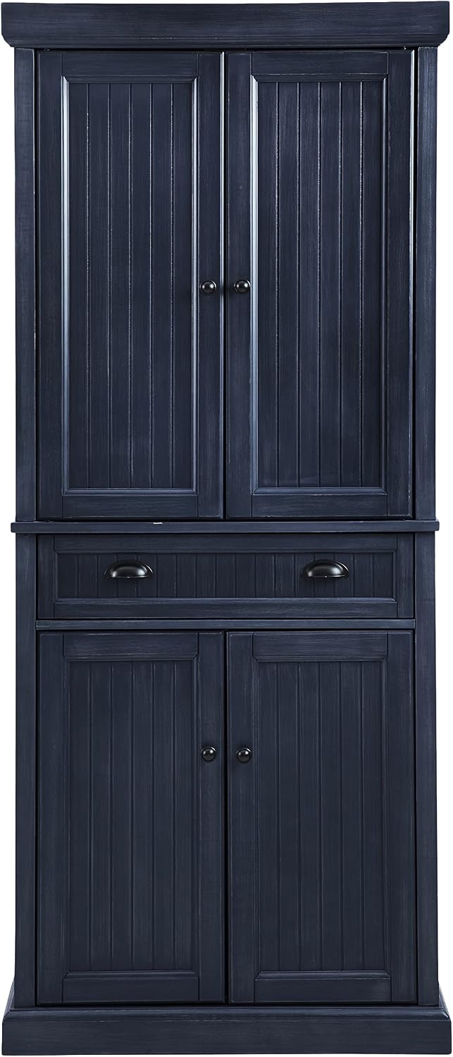 Crosley Furniture Seaside Coastal Pantry Storage Cabinet with Shelves, Kitchen, Dining, or Laundry Room, Distressed Navy