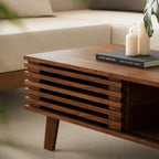 MAISONARIA Living Room Table Sets of 4, Mid Century Coffee Table & TV Stand & End Table Set of 2, Sliding Door Coffee Table and TV Stand with Storage, Modern End Table for Living Room, Walnut