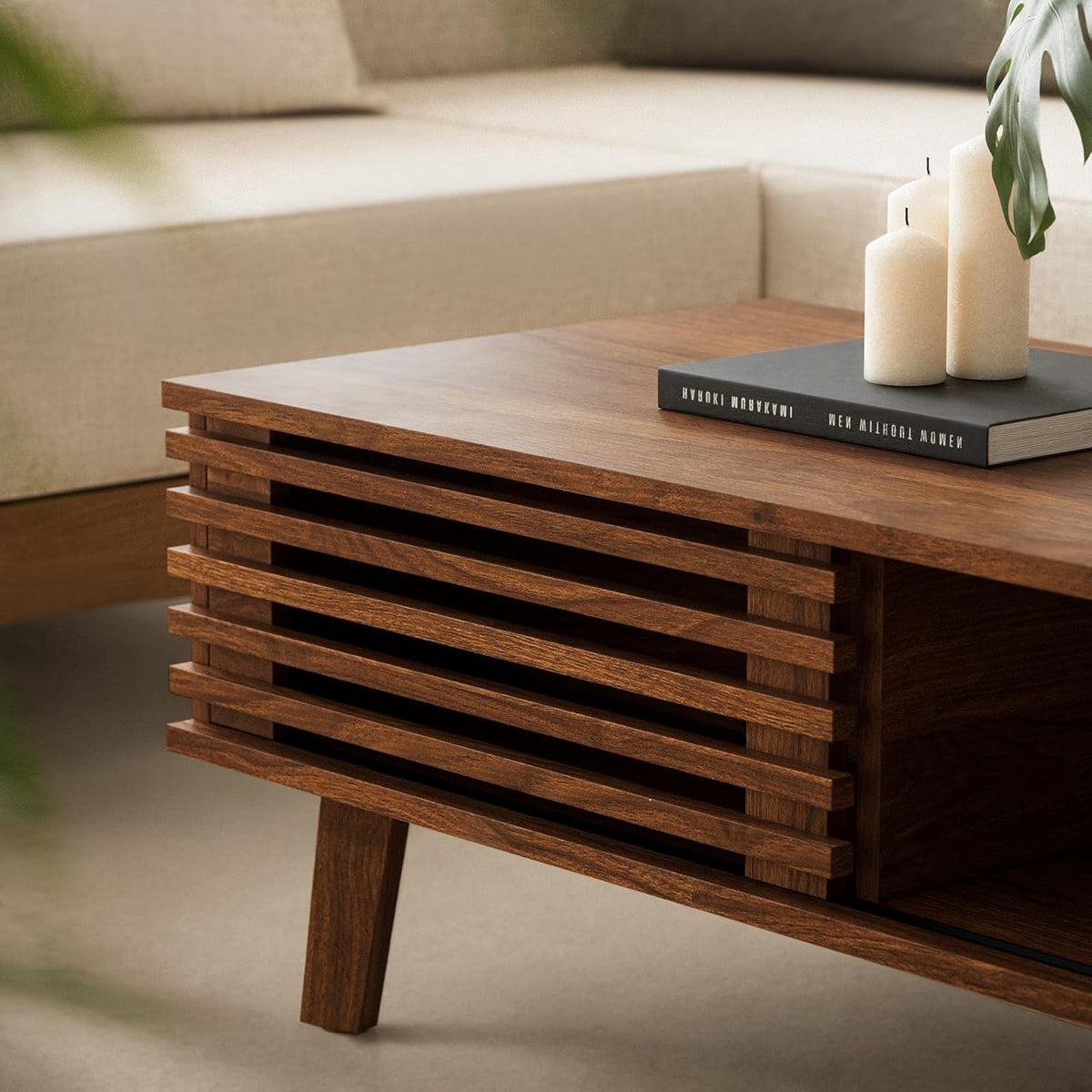 MAISONARIA Living Room Table Sets of 4, Mid Century Coffee Table & TV Stand & End Table Set of 2, Sliding Door Coffee Table and TV Stand with Storage, Modern End Table for Living Room, Walnut