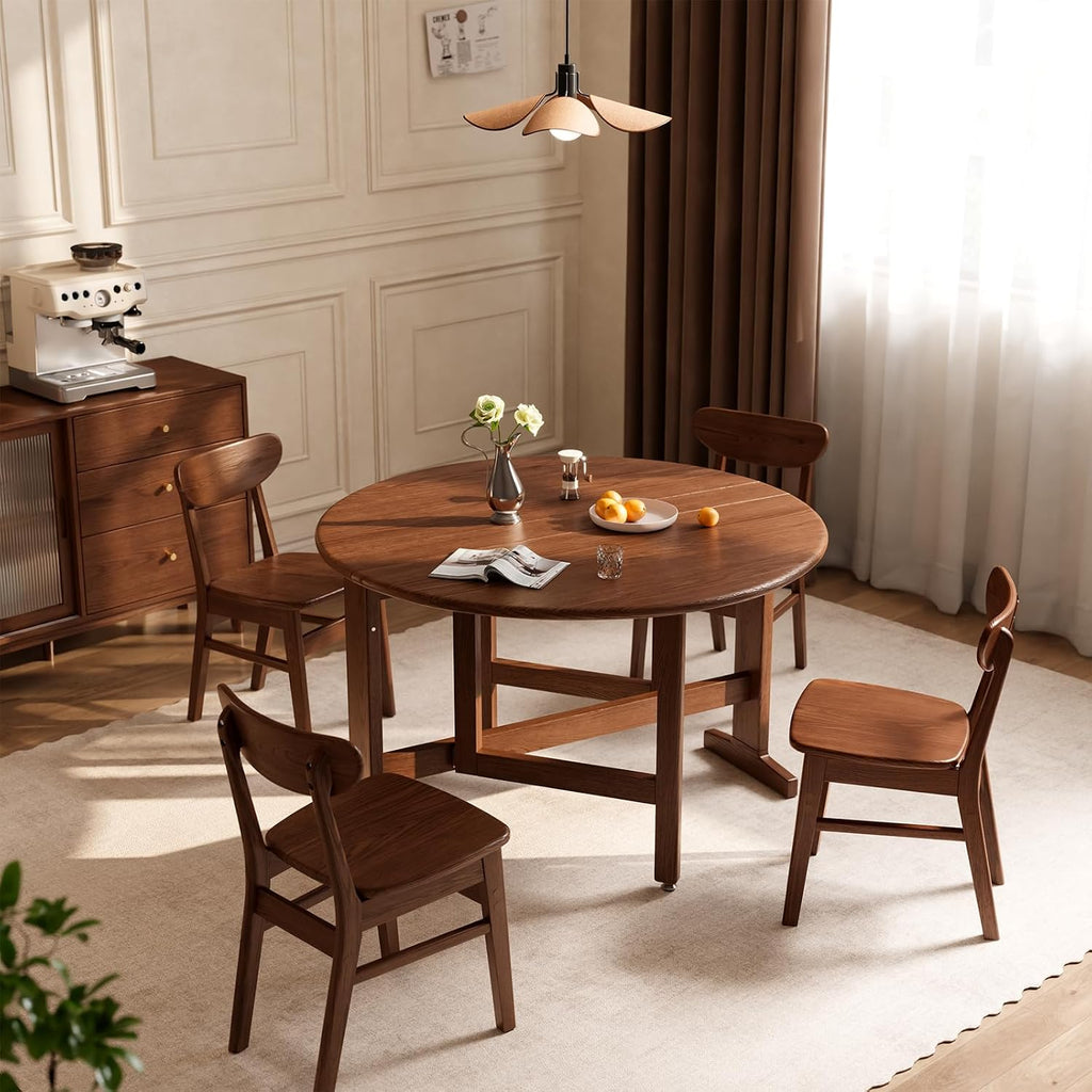 47.2" Solid Wood Small Round Dining Table, 3 in 1 Space Saving Folding Dining Table, Foldable Kitchen Table for 2-6, Round Table with Leaf, Wooden Folding Table Drop Leaf Tables for Small Spaces