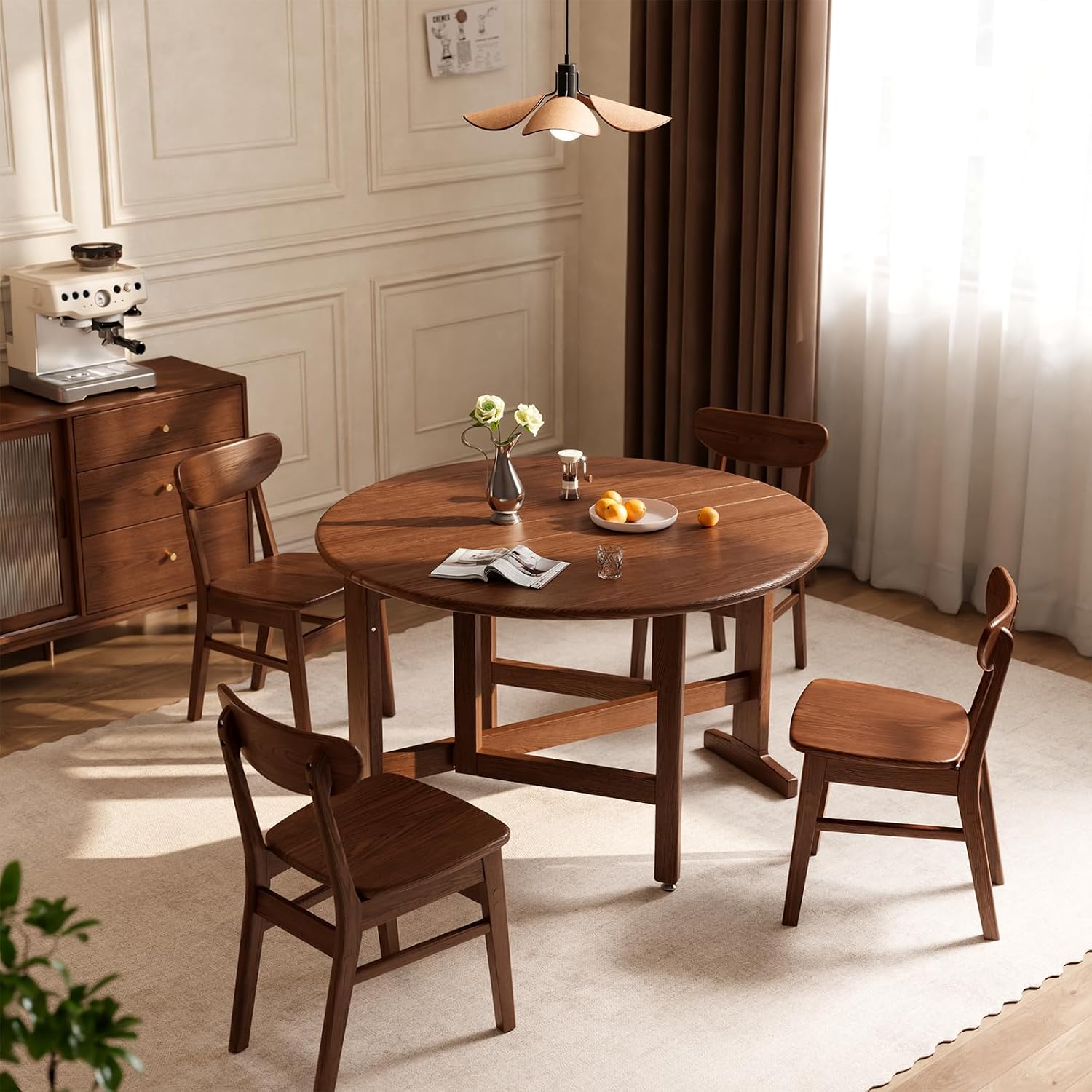 47.2" Solid Wood Small Round Dining Table, 3 in 1 Space Saving Folding Dining Table, Foldable Kitchen Table for 2-6, Round Table with Leaf, Wooden Folding Table Drop Leaf Tables for Small Spaces