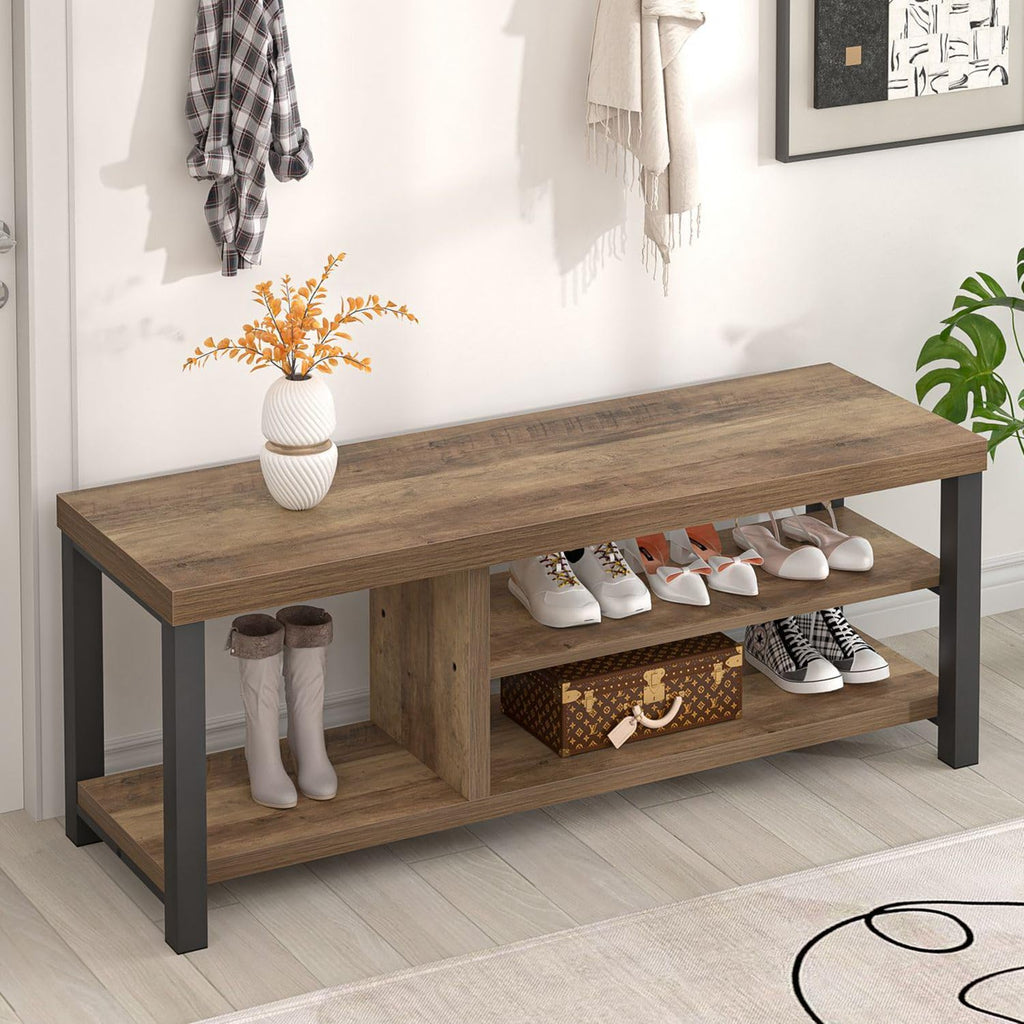 FOLUBAN Shoe Bench for Entryway, Wood and Metal Indoor Bench with Shoe Storage and Seating for Bedroom, Hallway, Living Room, Rustic Oak, 43.3 Inch
