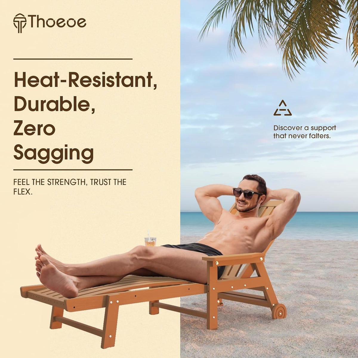 THOEOE Patio Chaise Lounge Chair,HDPE Lounge Chair Outdoor with Wheels | Oversized pool lounge chairs with cup holder, 5 adjustable position for patio,outside,pool,deck